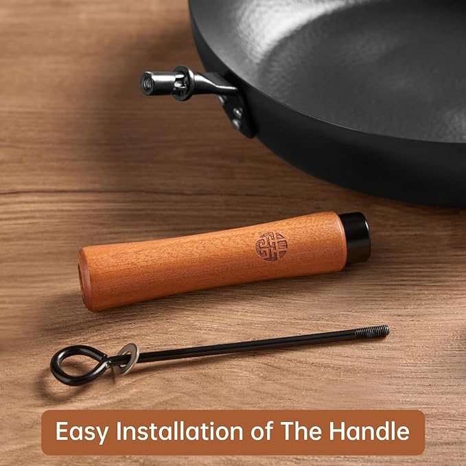 WANGYUANJI 11-Inch Carbon Steel Frying Pan with Beech Wooden Handle & Glass Lid - Physical Non-Stick, Non-Coating Skillet for Induction, Sautéing, Frying, Stir-Frying