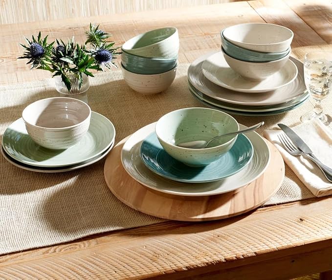 Sango Siterra Artist's Blend 16-Piece Stoneware Dinnerware Set for 4, Green, Cream & White Glossy Dishes with Speckles, Ceramic Plates and Bowls Sets for Everyday Dining, Microwave & Dishwasher Safe