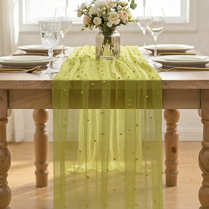 Artoid Mode Pearl Olive Green Gauze Table Runner 120 Inch 10FT, Seasonal Sheer Dining Holiday Wedding Birthday Baby Shower Table Decor for Home Party
