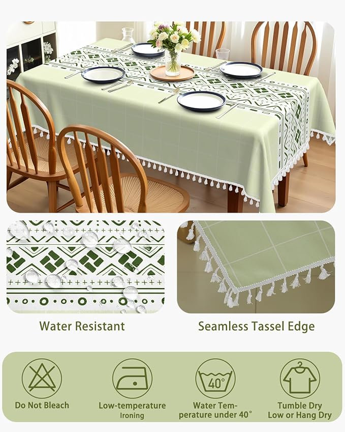 Bohemian Green Linen Tablecloth Rectangle - Boho Cherecked Table Cloth with Tassels, Waterproof & Wrinkle Free Farmhouse Dining Table Cover for Picnic, Kitchen, Holiday, 55''x70''