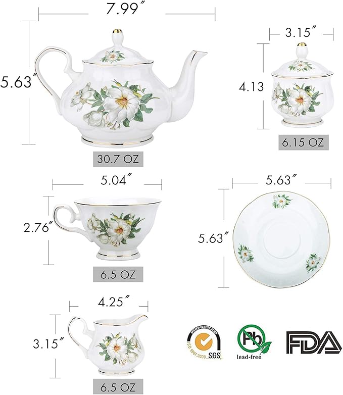 CHENP.HMC Porcelain Tea Set Tea Cup Set 22-Piece Porcelain Ceramic Coffee Tea Gift Sets Cups Saucer Service for 6 Teapot Sugar Bowl Creamer Pitcher and Teaspoons tea pot sets(Camellia)