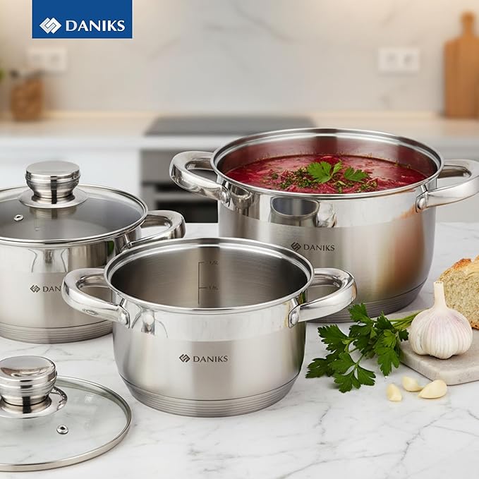 Daniks Standard 6-Piece Stainless Steel Cookware set with Glass Lid, Try-Ply Bases for Even Heating, Induction Compatible, Dishwasher Safe, Built-In Measuring Scale, Silver