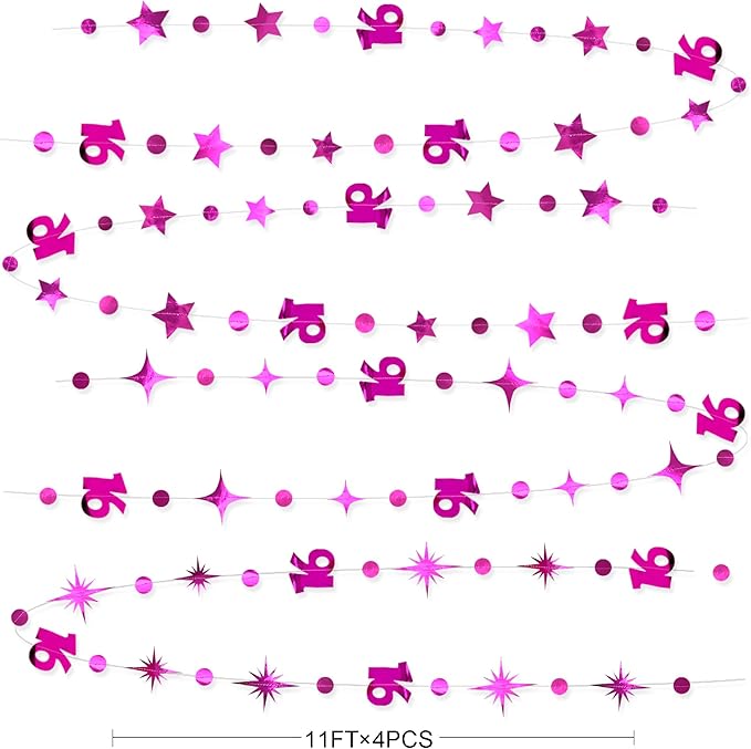 Hot Pink Number 16 Circle Dot Twinkle Star Garland Hanging Streamer Bunting Banner Backdrop Decorations for Girls Happy 16th Birthday Sweet Sixteen 16th Anniversary Cheers to 16 Years Party Decor
