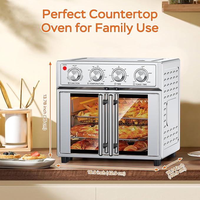 PlumChef 29.5QT Large capacity French Double-Door Air Fryer Convection Toaster Oven,1700W,7 Preset Menus,7-in-1 Multi-Function for Bake, Roast, Grill, Toast,Dehydrate& Defrost, Stainless Steel,silvery