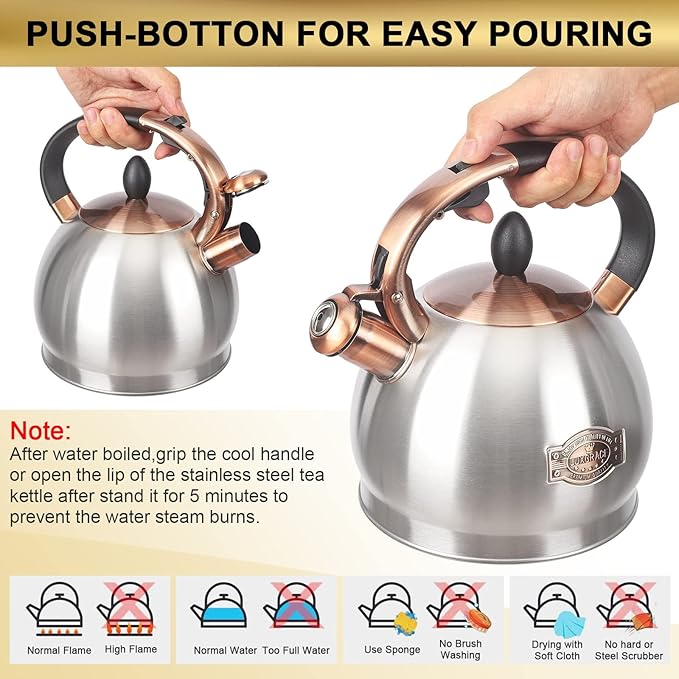 3Quart Whistling Tea Kettle Classic Teapot Stainless Steel Teakettle with Cool Grip for Stovetop