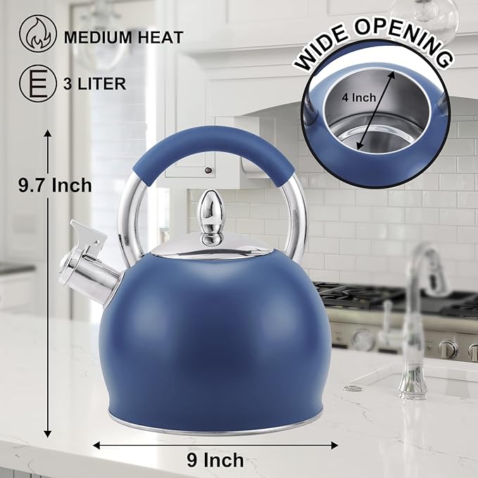 Whistling Tea Kettle for Stove Top Stainless Steel Tea Pot with Ergonomic Silicone Handle Teapot for Stovetop 3.2 Quart / 3 Liter Blue