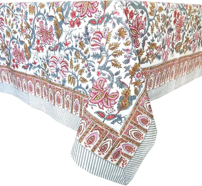 ATOSII Eden 100% Cotton Tablecloth, Handblock Floral Print Square Linen for Kitchen I Dining Table I Parties Wedding Christmas Thanksgiving Outdoors I Spring Summer Decor 60 X 60 Inches I 4 Seater