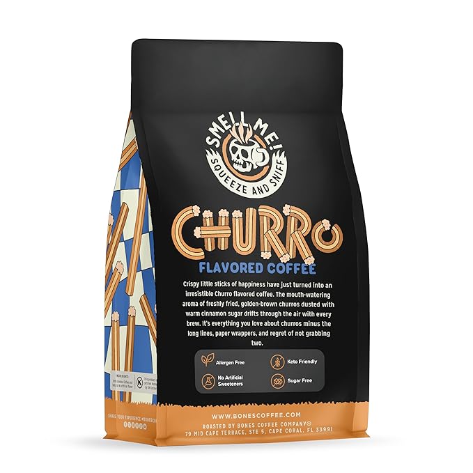 Bones Coffee Company Churro, Sweet Sugary Cinnamon Flavored Coffee, Medium Roast Low Acid Arabica Beans Compatible with Auto drip and French Press Coffee Maker, 12 Oz Whole Bean