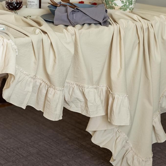 Retro Farmhouse Ruffle Tablecloth Cotton Flounces Trim Washable Table Cover Tablecloths for Rectangle Table Baby Shower Kitchen Party Wedding Decor,60''x120''