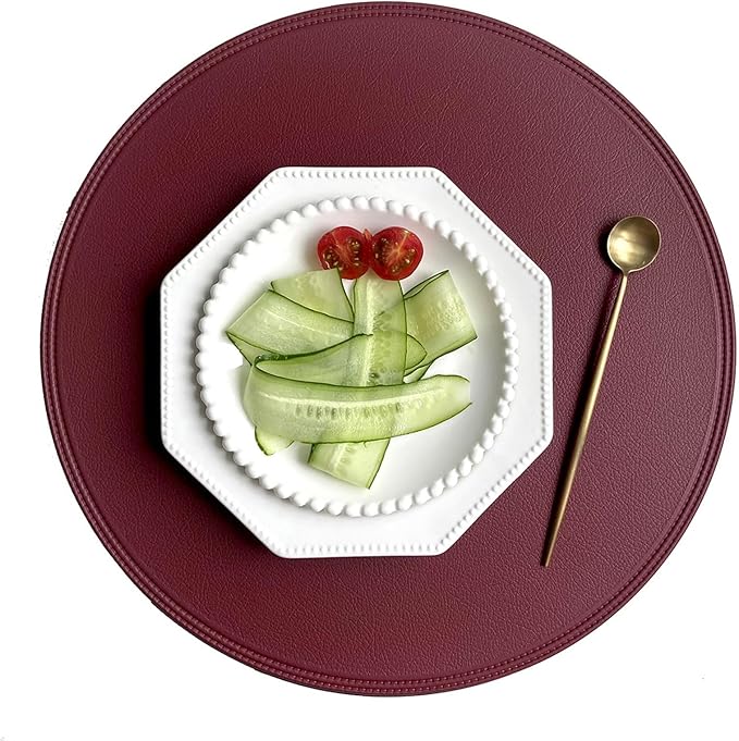 Set of 4/6/10 Black Round PU Leather Placemats Non-Slip Place Mats Coaster Coffee Mats Kitchen Accessories Set De Table(Y Circle red,R 38CM 1pcs)