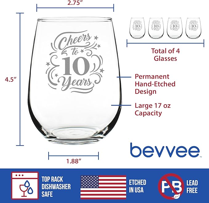 Bevvee Cheers to 10 Years - Stemless Wine Glass Gifts for Women & Men - 10th Anniversary Party Decor - Set of 4 - Large 17 Oz Glass