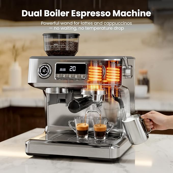 Kismile Dual Boiler Espresso Machine with Grinder, 20 Bar Espresso Maker with Milk Steamer & Hot Water, Dual LED Display, Pressure Gauge, Burr Grinder, coffee Machine for Home&Office, Stainless Steel