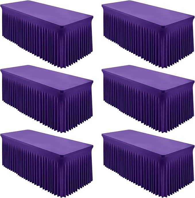 6 Packs Purple Spandex Table Covers 8 Foot, Fitted Stretch Table Cloth with Skirts 96x30 Inch, Wrinkle-Free Floor Length Rectangle Tablecloths for Trade Show Weddings Parties Banquets Events