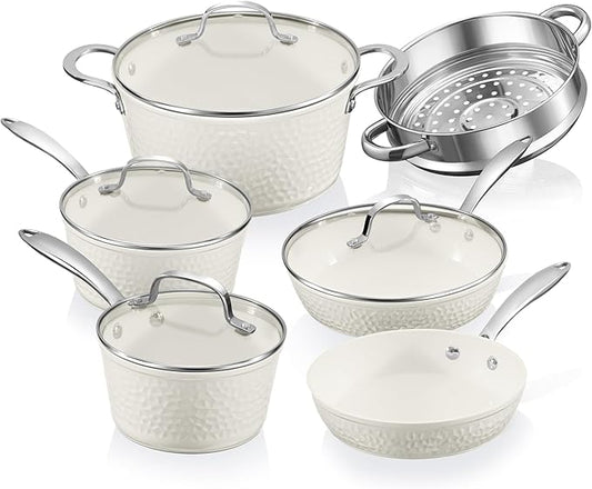 Gotham Steel Hammered 15 Pc Ceramic Cookware Set Nonstick, Deep Pots and Pans Set Non Stick with Induction Cookware, Cooking Utensils & Steamer, Non Toxic PFOA PFOS Free, Oven & Dishwasher Safe