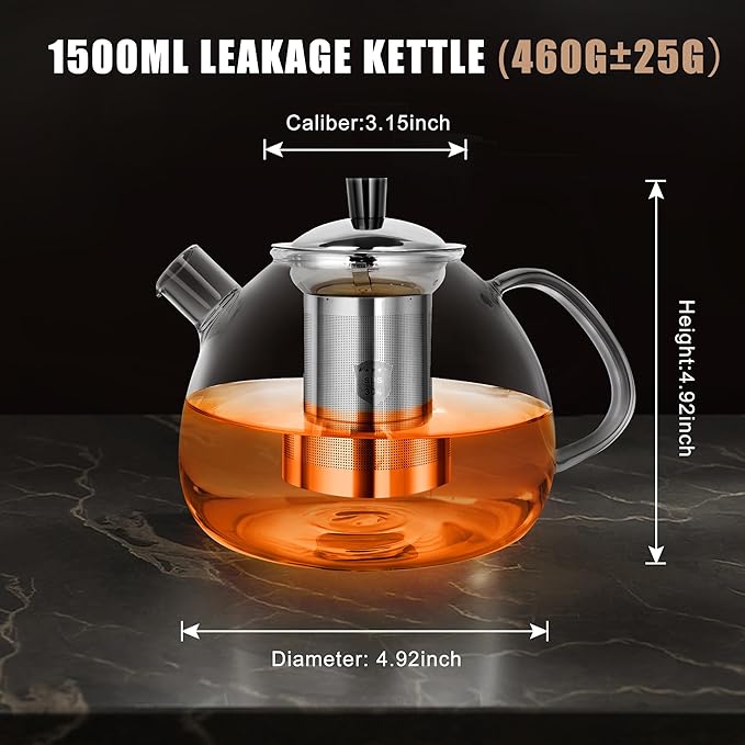 Glass Tea Pot with Infuser for Loose Tea, Microwave Stovetop Safe 1500ml/50oz Loose Leaf Tea Kettle