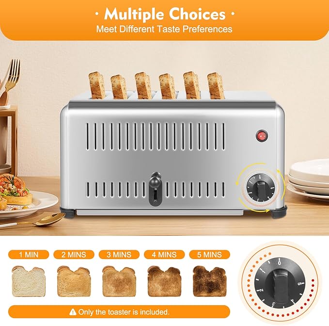 6 Slice Toaster Commercial Bread Baking Machine, Stainless Steel 1680W Time Adjustable Bread Toaster for Various Bread Types (6 Slots)