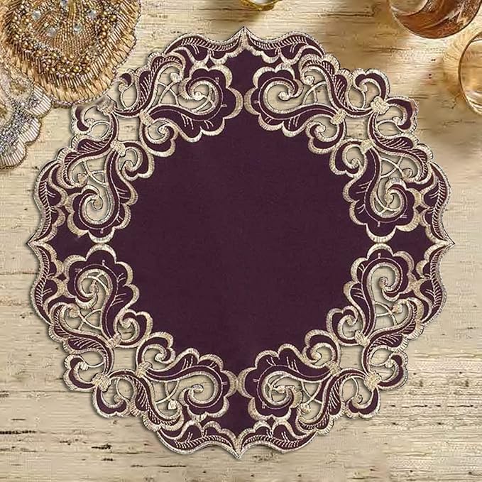 Decozen Set of 8 Doilies for Table, Lace Doilies - Rustic, Crochet, Farmhouse, Kitchen, Dining Table Centerpiece Decor - Round Christmas Placemats for Home 15 inch Gold Plum, The Granada Collection