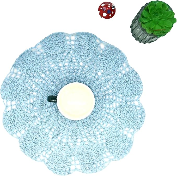 BIBITIME Round Flower Lace Doilies Vase Mats Kitchen Tablecloth Dish Plate Mat Handmade Crochet Table Doily Placemats (Light Blue, 11.8 in to 13.8 in,2PCS)