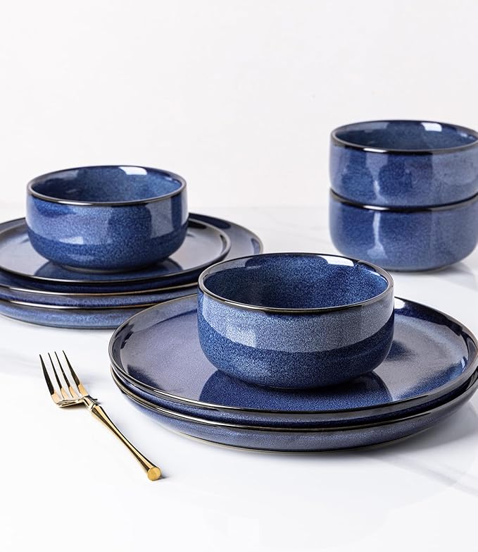 TheTerra Ceramic Dinnerware Sets for 4, 12 Pieces Handmade Reactive Glaze Plates and Bowls Set, Scratch Resistant Dish Set, Oven & Microwave & Dishwasher Safe, Blue
