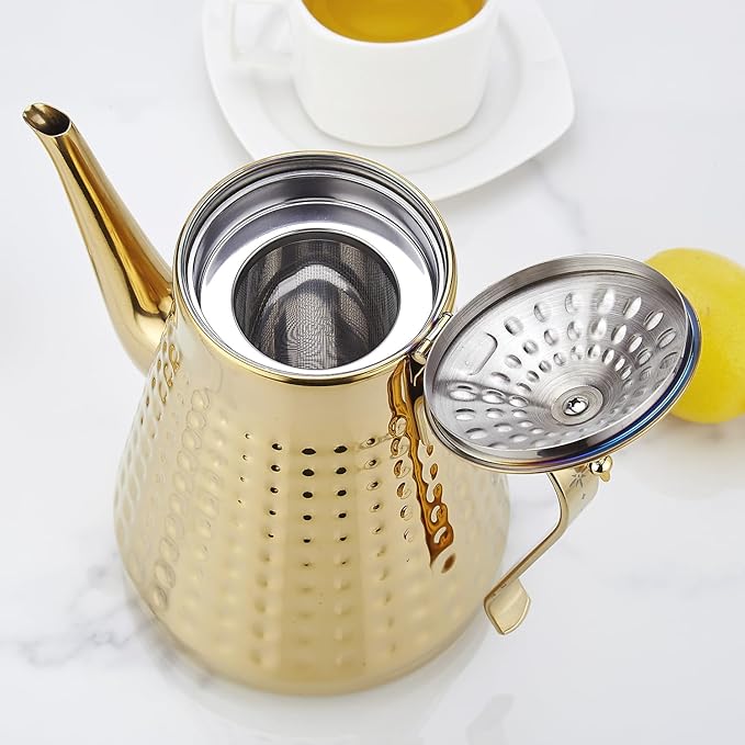 SANQIAHOME 1.8L(60oz) Stainless Steel Hammer Patterned Teapot With Removeable Infuser,Loose leaf cover,Gold