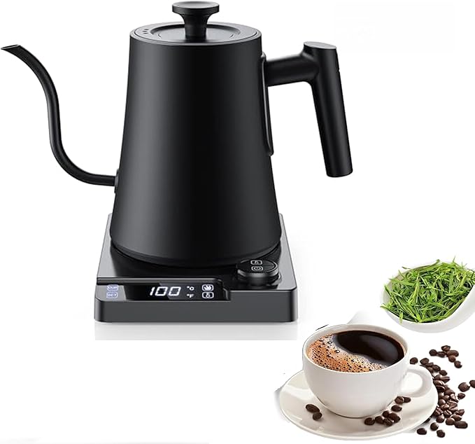 Gooseneck Electric Kettle with ±1℉ Precision Temperature Control for Pour Over Coffee & Tea, Rapid Boil, 304 Stainless Steel, Built-in Brew Timer, 1200W/1.0L