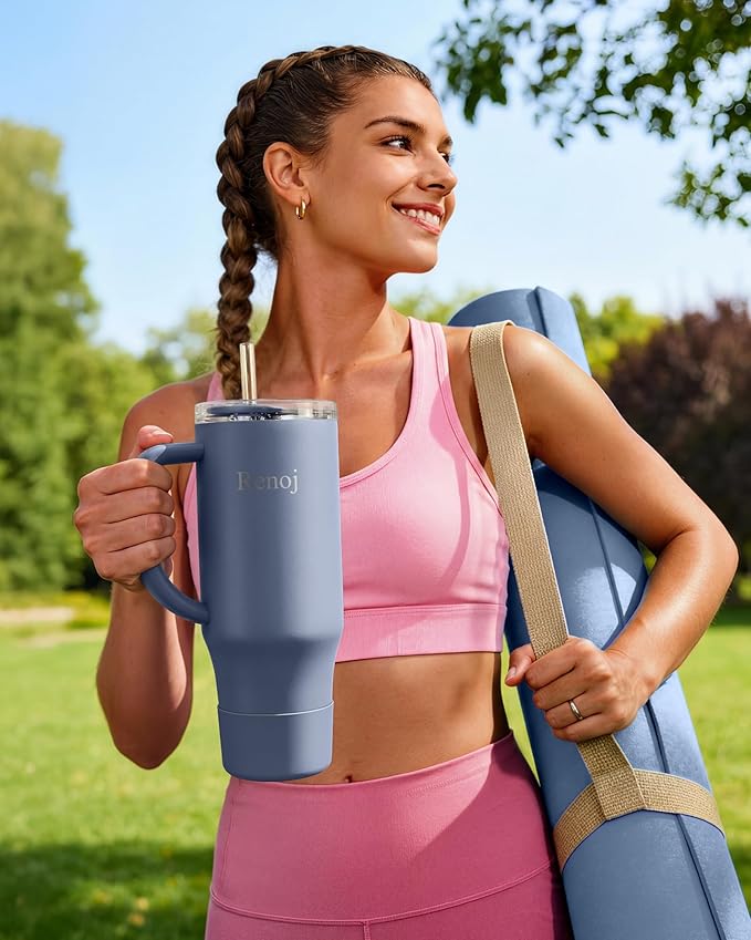 Renoj Tumbler with Handle 100% Spill Resistant Insulated Water Bottle for Iced Coffee & Hot Drinks - Fits Car Cup Holder, Ideal Gift, 2 Straws & Silicone Boot BPA-Free - FlexSlide Navy Blue 40 oz