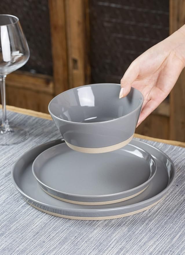 Famiware Saturn 16 Pieces Plates and Double Bowls Sets for 4, Stoneware Dinnerware Set with Pasta Bowl, Dish Set with Trim - Chip & Scratch Resistant, Microwave & Dishwasher Safe, Dark Gray
