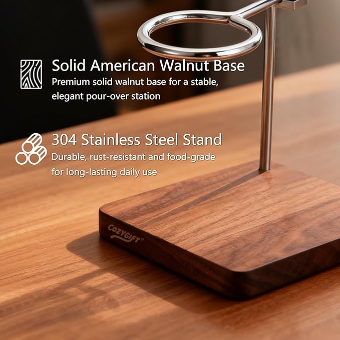 Pour Over Coffee Stand with American Black Walnut Base, Adjustable Coffee Dripper Stand, Wooden Brewing Station, Cone Holder, Elegant Gift for Brew Enthusiasts, Home Barista & Kitchen Décor