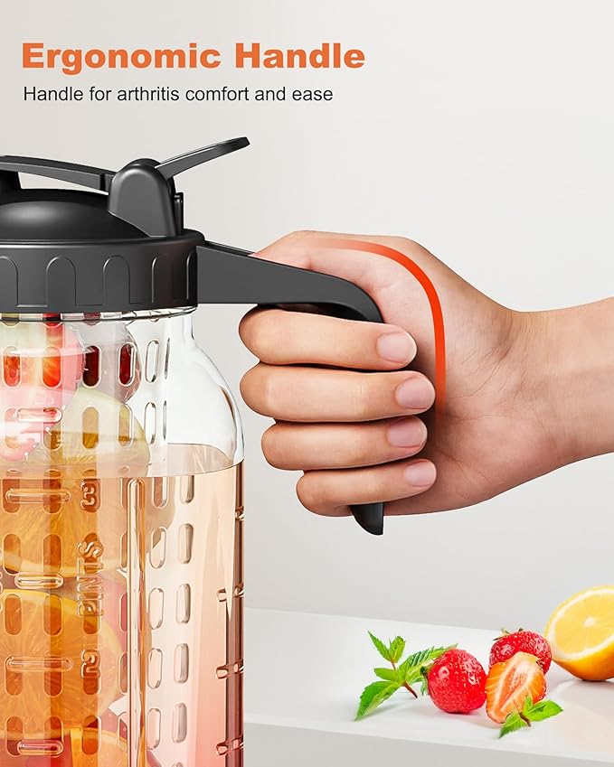 64oz Mason Jar Pitcher with Fruit Tea Infuser – Airtight & Leakproof Glass Pitcher with Lid, Perfect for Iced Tae, Sun Tea and Cold Brew, 2 Quart (1/2 Gallon) Wide Mouth Mason Jar with Pour Spout Lid