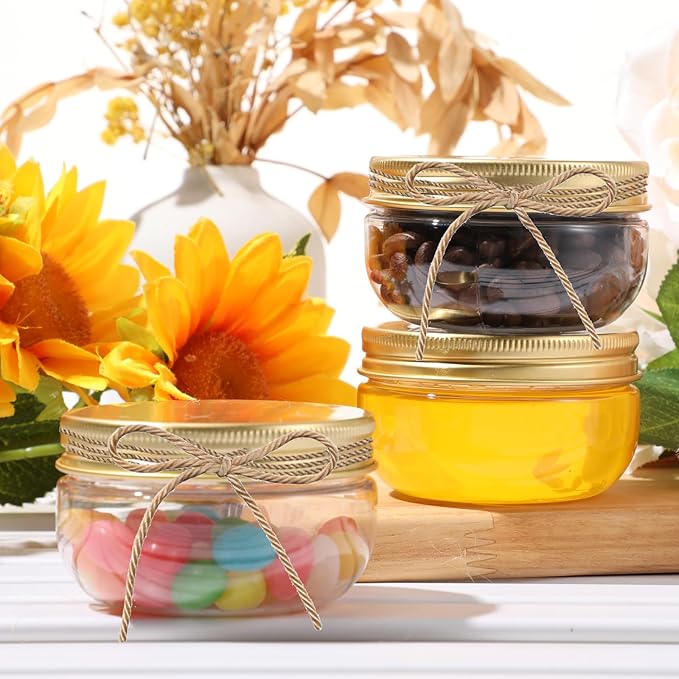 Suclain 50 Pcs 3 oz Canning Jars Mini Mason Jars with Lids Clear Small Canning Containers for Wedding Favors DIY Crafts Shower Favors Herb Jelly,Jams,Spice,for Kitchen Storage(Gold)