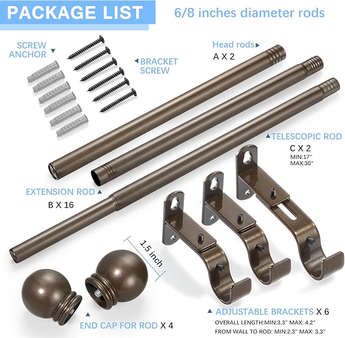 Curtain Rods for Windows 16 to 150 Inches, Curtain Rod Max Adjustable Length of 160 IN, 6/8" Diameter Drapery Rods Round Finials, Brown, Pack of 2