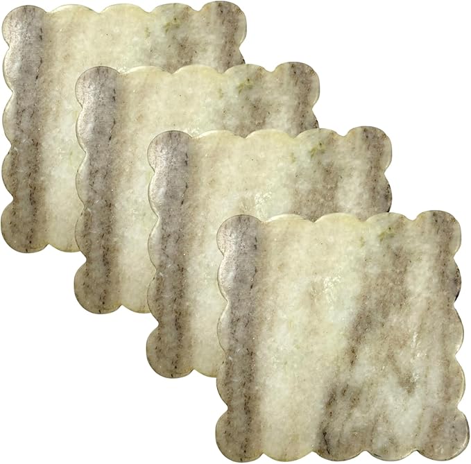 Set of 4 Luxury Natural Marble Scalloped Coasters Set – Handmade Stone Drink Wine Coasters for Serving, Coffee Table Decor, Housewarming Gift & Wedding Gift – Modern Home Decor
