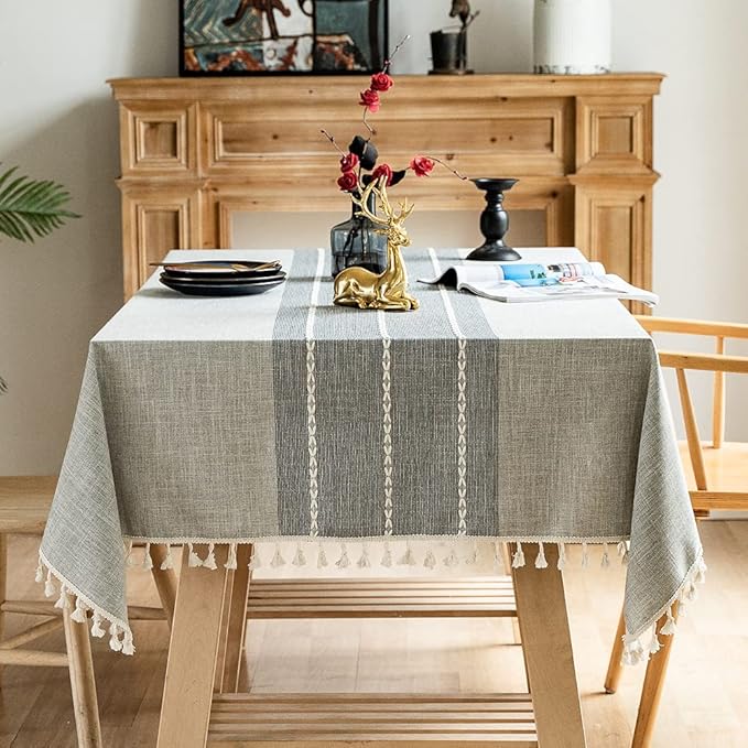 Pahajim Striped Tablecloth Rectangle with Tassels Thick Linen Cotton Table Cloth for Outdoor Picnic Dining and Holiday Kitchen Decor Rectangle/Oblong,55''x79'', 4-6 Seats