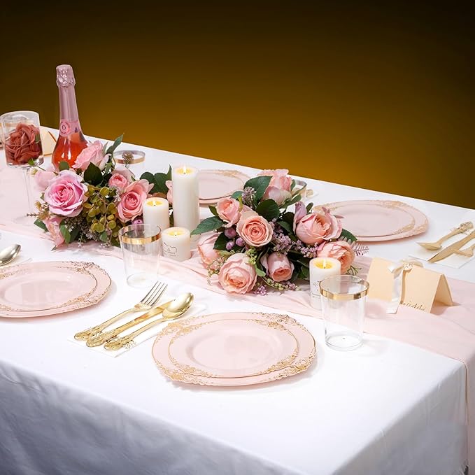YOUBET 700PCS Pink Plastic Plates - Pink and Gold Plates - Luxury Pinks Dinnerware Set Include 200 Disposable Plates, 300 Heavy Duty Silverware, 100 Cups, 100 Napkins for Wedding Party Valentines Day