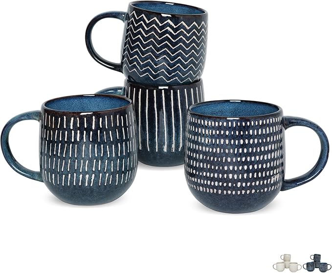 Bosmarlin Ceramic Coffee Mug Set of 4, 17 Oz, Coffee Cups with Big Handle, Microwave and Dishwasher Safe (Deep Blue, 17 Oz)