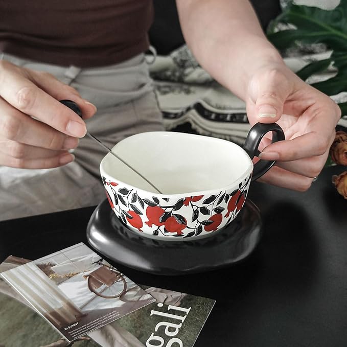 8.4oz Ceramic Coffee Mug with Saucer Set, Vintage Ceramic Latte Art Mug, Irregular Aesthetic Flower Cups for Espresso, Milk, Americano, Cappuccino, Tea, Black, 1 Piece