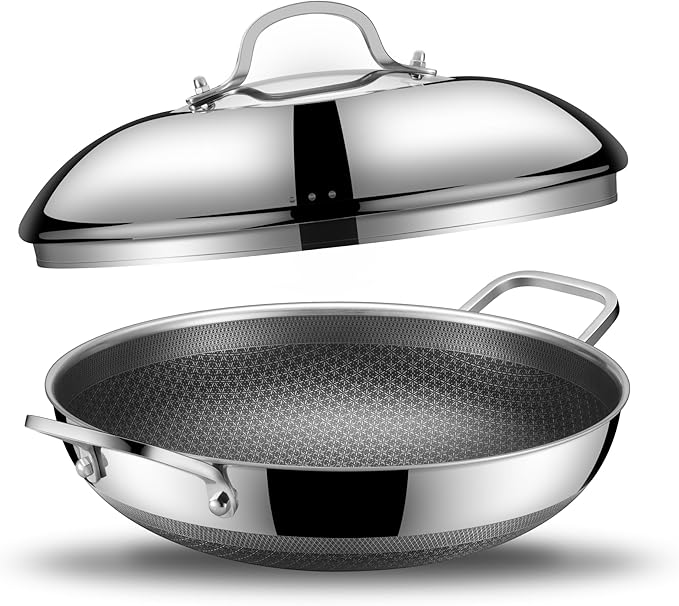 Wok, 13 Inch Hybrid Woks & Stir-fry Pans Nonstick with Double Handles, Non Toxic Stainless Steel Wok Pan with Lid, Dishwasher Induction Oven Broiler Safe