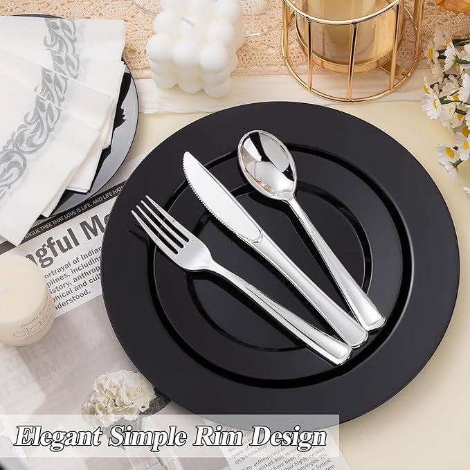BESTSTAR 200PCS Black Plastic Plates Set, 100 10.25 inch Dinner Plates and 100 7.5 inch Dessert Plates, Premium Disposable Plates for Party, Wedding,Halloween
