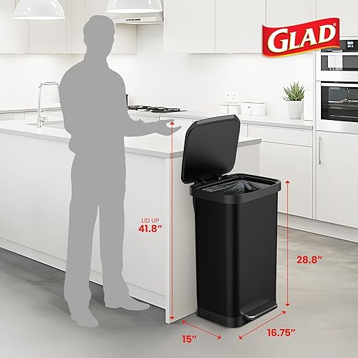 Glad Stainless Steel Step Trash Can, Series 2 with Clorox Protection - Large Black Kitchen Garbage Bin with Soft Close Lid, Foot Pedal and Waste Bag Roll Holder, 20 Gallon