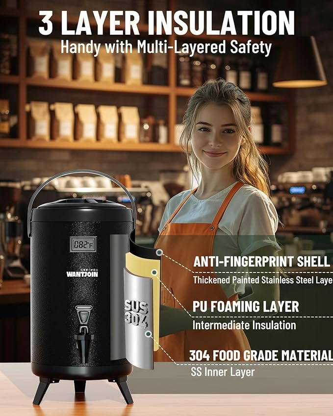 Thermal Beverage Dispenser - 8L/2.1Gal Black Stainless Steel, Single, LCD Thermometer, Triple-Layer Insulated, Non-Electric Hot & Cold Drink Dispenser for Coffee, Tea