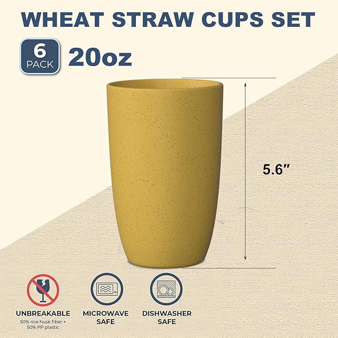 Wheat Straw Cups 6 PCS Good Alternative to Plastic Reusable Cups 20 oz Unbreakable Drinking Cup Reusable Dishwasher Safe Water Plastic Glasses Yellow Color