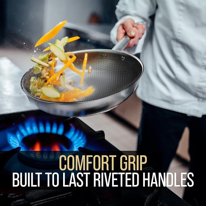 Woks & Stir-Fry Pans Nonstick 11" Stainless Steel Wok Pan with Lid | Tri-Ply Honeycomb Hybrid Stir Fry Pan | Induction & Oven Safe | Dishwasher Safe