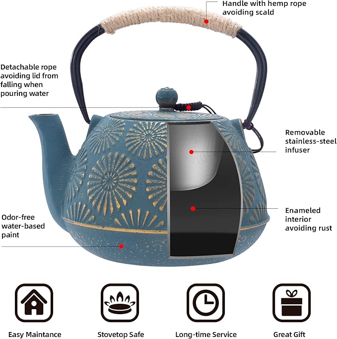 Cast Iron Teapot, 40oz Tea Kettle with Infuser for Stove Top, Sakura Design Japanese Tea Pot for Loose Leaf Coated with Enameled Interior, 1200ml Green