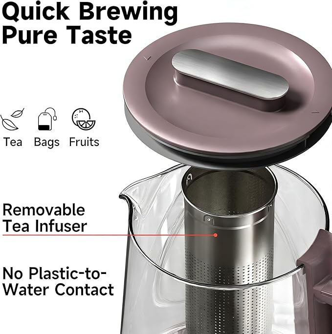 1500W Titanium Hot Tea Maker Glass Electric Kettle with Infuser and Temperature Control, 1.5L Tea Maker Rapid Boiling,Programmable Control for your Favorite Teas and Coffee, Brown