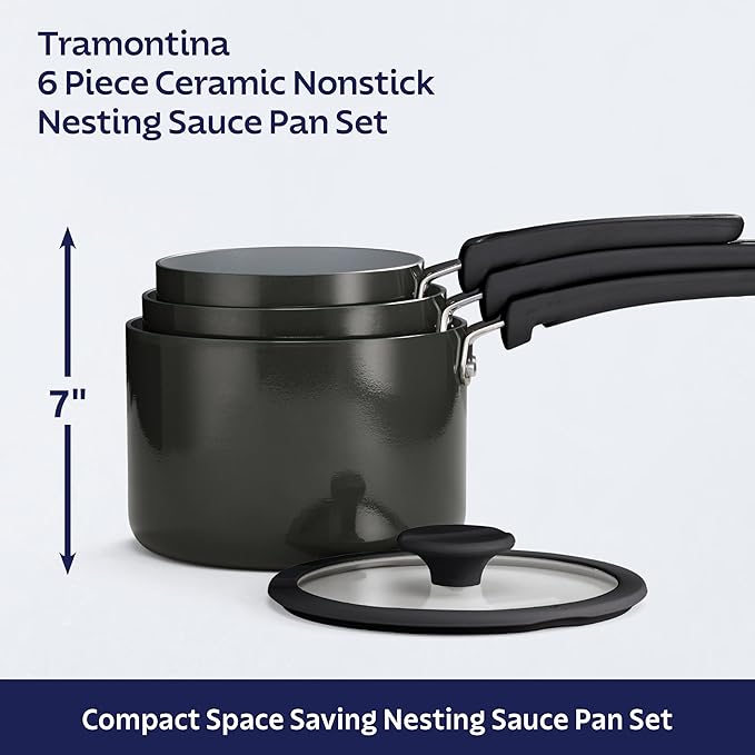 Tramontina Ceramic Non Stick 6-Piece Nesting Sauce Pan Set with Lids - Stackable Nonstick Cookware Set, Dishwasher and Oven Safe, Dark Gray