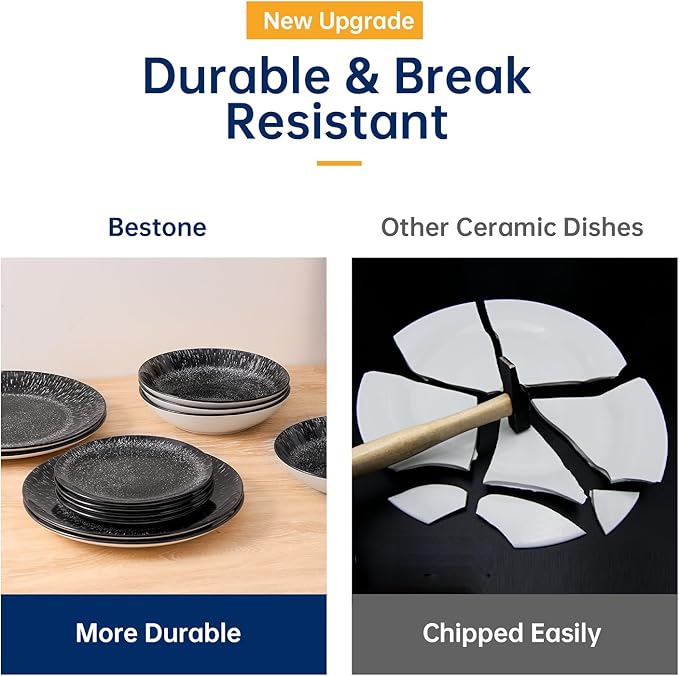 Bestone 12-Piece Round Porcelain Dinnerware Set, Service for 4, Chip Resistant Plates and Bowls,Black, Dishwasher & Microwave Safe for Home Daily Use