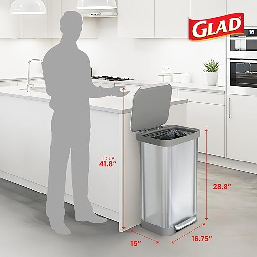 Glad Stainless Steel Step Trash Can, Series 2 with Clorox Protection - Large Metal Kitchen Garbage Bin with Soft Close Lid, Foot Pedal and Waste Bag Roll Holder, 20 Gallon