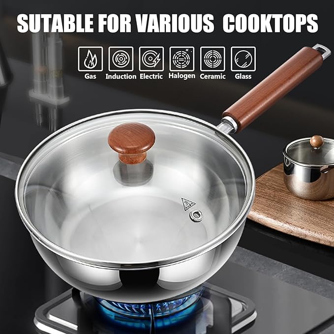 5-Ply Stainless Steel Wok Pan with Lid, Wide & Deep Cookware Stir-Fry Pans, Non-Stick Wok, Scratch-Resistant Pans for Cooking,Compatible with All Cooktops,with Steamer,9.45IN