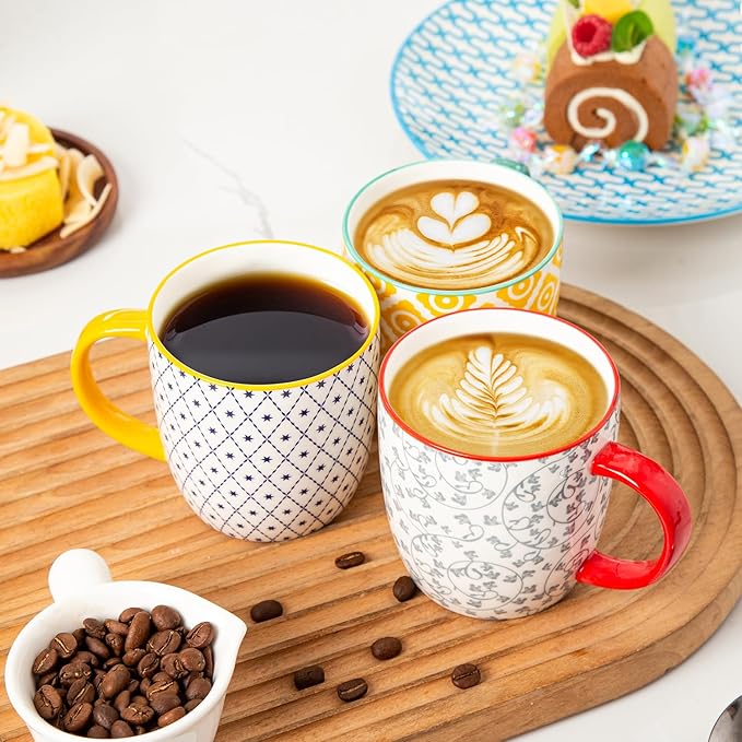 Ceramic Coffee Mugs Set - 10 Oz Large Porcelain Tea Cups with Handle for Cappuccino Latte Cocoa Milk Tea - Christmas Housewarming Gift - Microwave Dishwasher Safe - Set of 6 - Assorted Colors