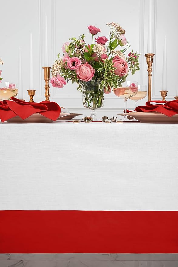 Solino Home Linen Tablecloth for Rectangle Tables 60 x 90 Inch - 100% Pure Linen Red and White Table Cloth - Contempo, Machine Washable Cloth Tablecloth for Valentines